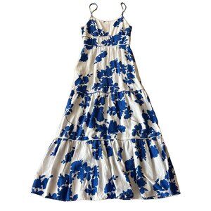 CYNTHIA ROWLEY Blue White Floral Multi Linen Blend Tiered Maxi Tank Dress S